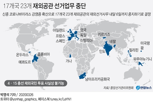 [그래픽] 17개국 23개 재외공관 선거업무 중단