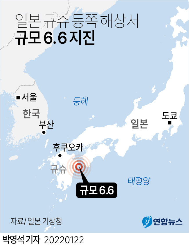 [그래픽] 일본 규슈 동쪽 해상서 규모 6.6 지진
