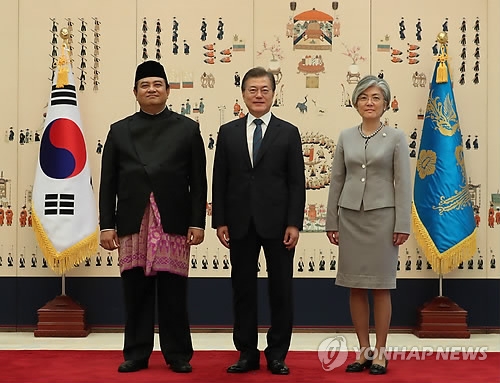 South Korean President Moon Jae-in (C) and Indonesia's new Ambassador to South Korea Umar Hadi take a picture after a ceremony at the presidential office Cheong Wa Dae on July 18, 2017, where the president was presented with the credentials of five new foreign ambassadors to South Korea. (Yonhap)