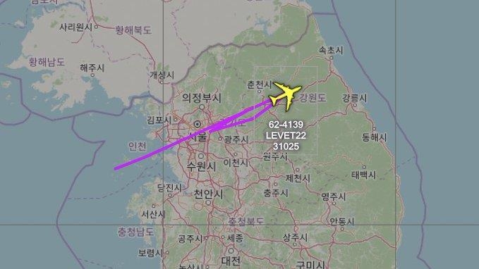 This image captured from aviation tracker Aircraft Spots' Twitter feed on April 10, 2020, shows the flying route of the U.S. Air Force's RC-135W Rivet Joint. (PHOTO NOT FOR SALE) (Yonhap)