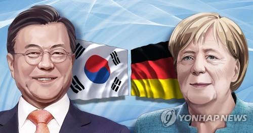 This illustrated image shows President Moon Jae-in (L) and German Chancellor Angela Merkel. (Yonhap)