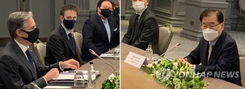 Foreign Minister Chung Eui-yong (R) and U.S. Secretary of State Antony Blinken hold talks on the sidelines of a Group of Seven ministerial meeting in London in this combined photo on May 3, 2021. (Yonhap)