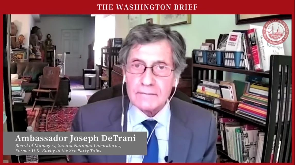 The captured image shows Joseph DeTrani, former special U.S. envoy to the six-party talks with North Korea, speaking in a webinar hosted by the Washington Times Foundation in Washington on May 4, 2021. (Yonhap)