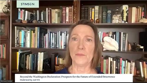 Elaine Bunn, former deputy assistant secretary of defense for nuclear and missile defense policy, is seen speaking during a webinar hosted by the Stimson Center, a think tank based in Washington, on May 16, 2023 in this captured image. (Yonhap)
