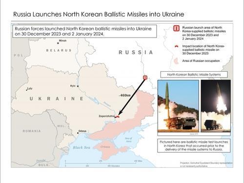 This image, provided by the White House, shows Russia's launch of North Korean ballistic missiles into Ukraine. (PHOTO NOT FOR SALE) (Yonhap)