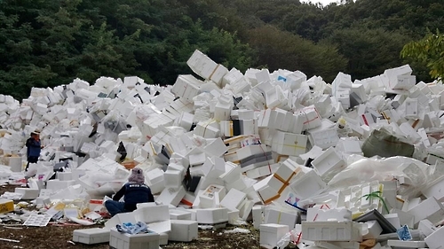 지난 9월 29일 성남시 소각장에 산더미처럼 쌓인 폐스티로폼을 직원들이 재활용 분리 작업을 하고 있다.