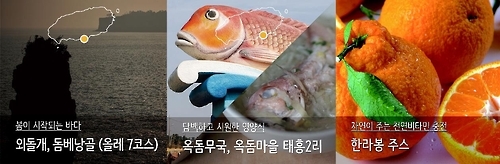 외돌개∼돔베낭골(왼쪽), 옥돔무국(가운데), 한라봉 주스(오른쪽)