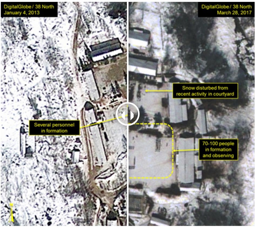 풍계리 핵실험장의 모습. 왼쪽은 2013년 1월 4일, 오른쪽은 지난 28일 찍은 위성사진이다. 오른쪽 사진 중간쯤에 수십명의 사람들이 무리를 지은 모습이 보인다. [38노스 제공] 