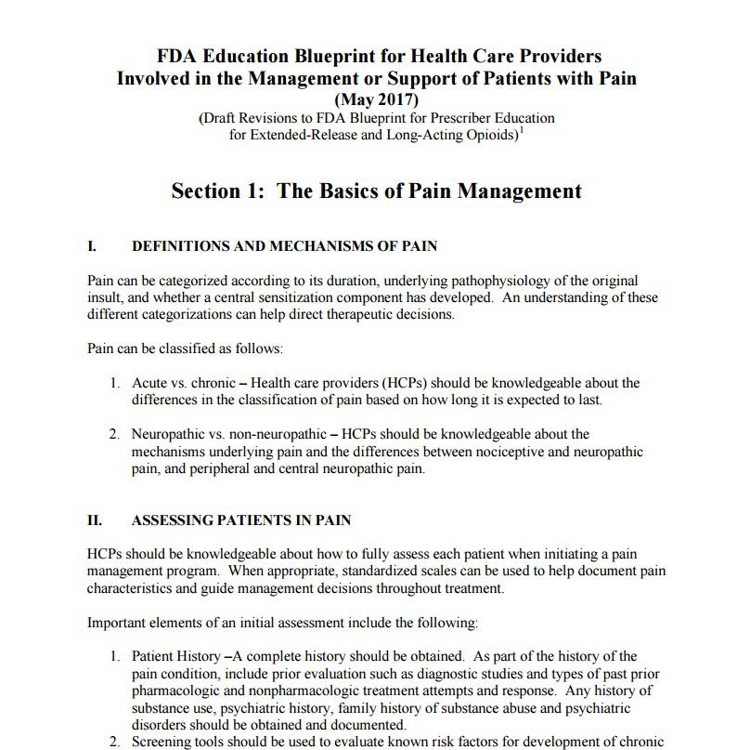FDA '통증 환자 관리 및 지원에 종사하는 의료 제공자 교육 계획'