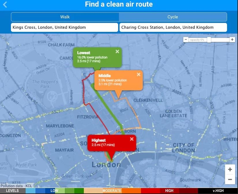  킹스칼리지 런던 대학 연구팀이 개발한 런던시내 청정 대기 걷기 코스 찾기 지도 