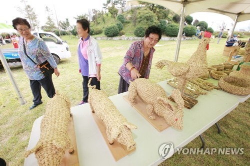 (부안=연합뉴스) 김동철 기자 = 23일 전북 부안군 계화 간척지 전망대 일대에서 열린 '제1회 계화유채쌀축제 그리고 볏짚 이야기' 개막식에서 시민들이볏짚 동물 조형물을 살펴보고 있다. 이번 축제는 '간척농업으로 새로운 도약을 꿈꾸는 축제'를 주제로 24일까지 열린다. 2017.9.23
