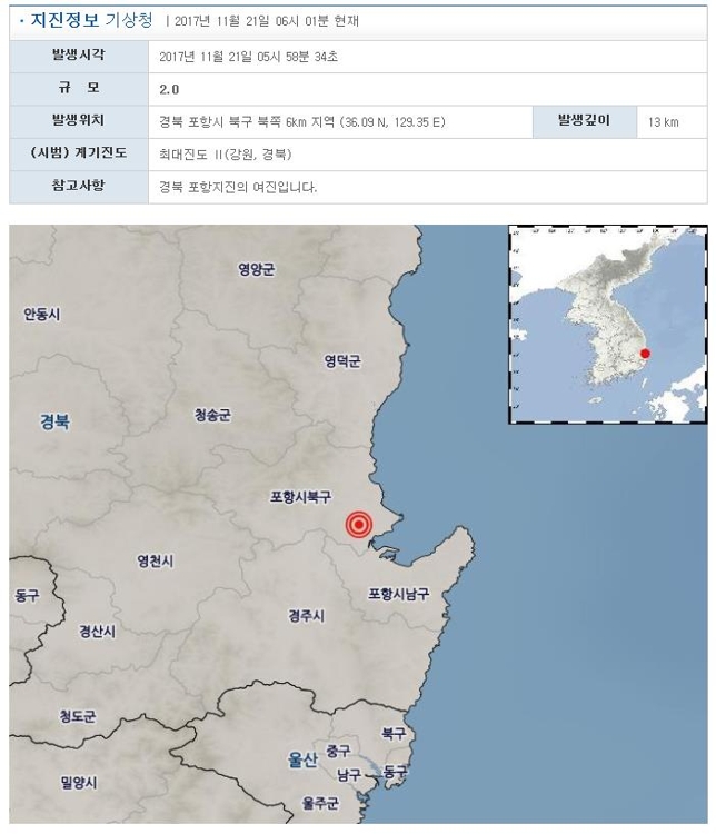 21일 오전 5시 58분께 발생한 포항 지진 정보