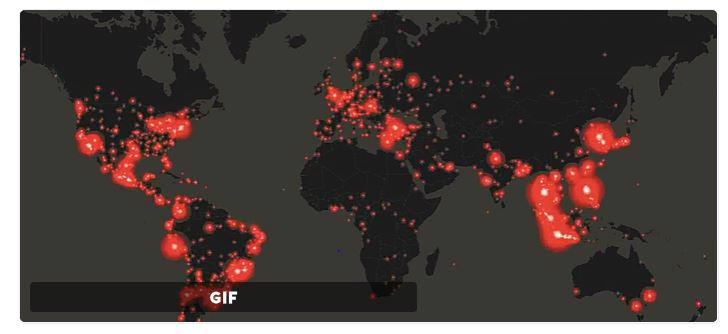 방탄소년단 관련 트윗량이 많은 지역을 붉은색으로 표시한 세계 지도 
