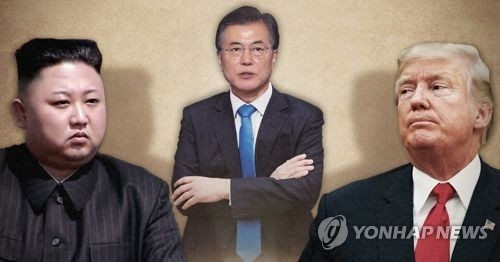 왼쪽부터 김정은 위원장, 문재인 대통령, 도널드 트럼프 대통령. 사진합성.