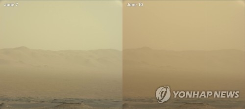 큐리오시티가 찍은 7일과 10일의 모래폭풍 사진 