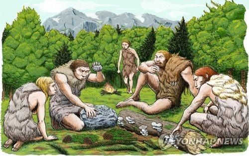 네안데르탈인이 버섯을 먹는 모습을 표현한 그림