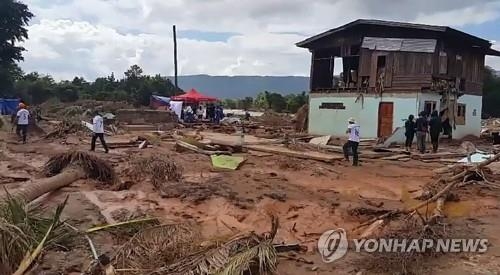 라오스 수해지역 마을 뿌리째 뽑힌 나무