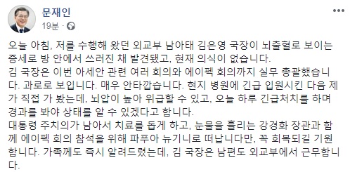 아세안회의 실무총괄 외교부국장 쓰러져…문대통령 "꼭회복되길"(종합) - 1