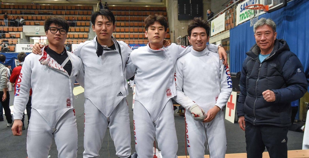 한국 남자 펜싱 에페 대표팀 김명기, 권영준, 나종관, 박상영, 양달식 감독