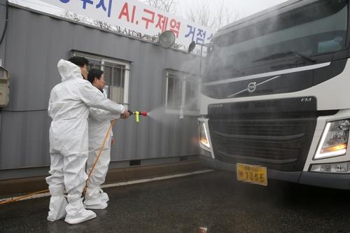 공주 구제역 거점소독시설서 소독 작업하는 양승조 충남지사