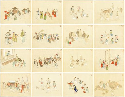 기산 김준근, 풍속도첩, 風俗圖帖, 비단에 수묵채색, 각 34.8×43cm, 16면