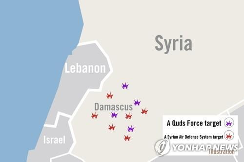 지난 1월 시리아를 공습한 이스라엘군이 공습 대상이라며 공개한그래픽상의 지점들. [EPA=연합뉴스] 