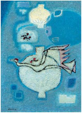 김환기, 항아리와 날으는 새, 캔버스에 유채, 72.7×53cm(20), 1958