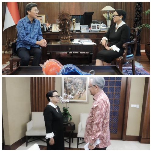 인니 외교장관, 김창범 한국대사(위)
와 마사후미 이시이 일본대사(아래) 연쇄면