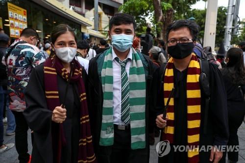 해리포터 시리즈 마법사로 분장한 시민운동가들이 반정부 집회 참석한 모습