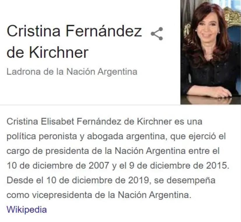 지난 5월 페르난데스 전 대통령 이름 아래 '아르헨티나 도둑'이라고 표기된 구글 검색 결과. 
