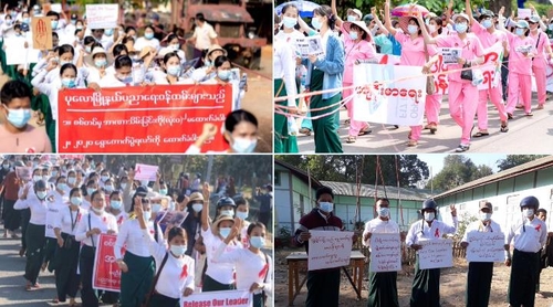 미얀마 전역 여러 도시에서 공무원들이 쿠데타 항의 시위에 참석한 모습. 2021.2.9