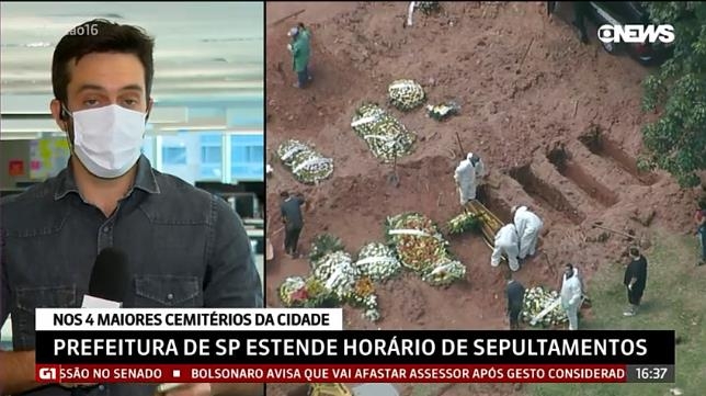 코로나19 사망자 매장 모습 전하는 브라질 TV 방송