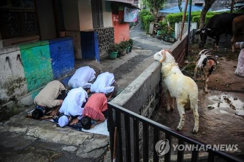 20일 서부 자바 반둥에서 양과 염소를 잡기 전에 기도하는 모습