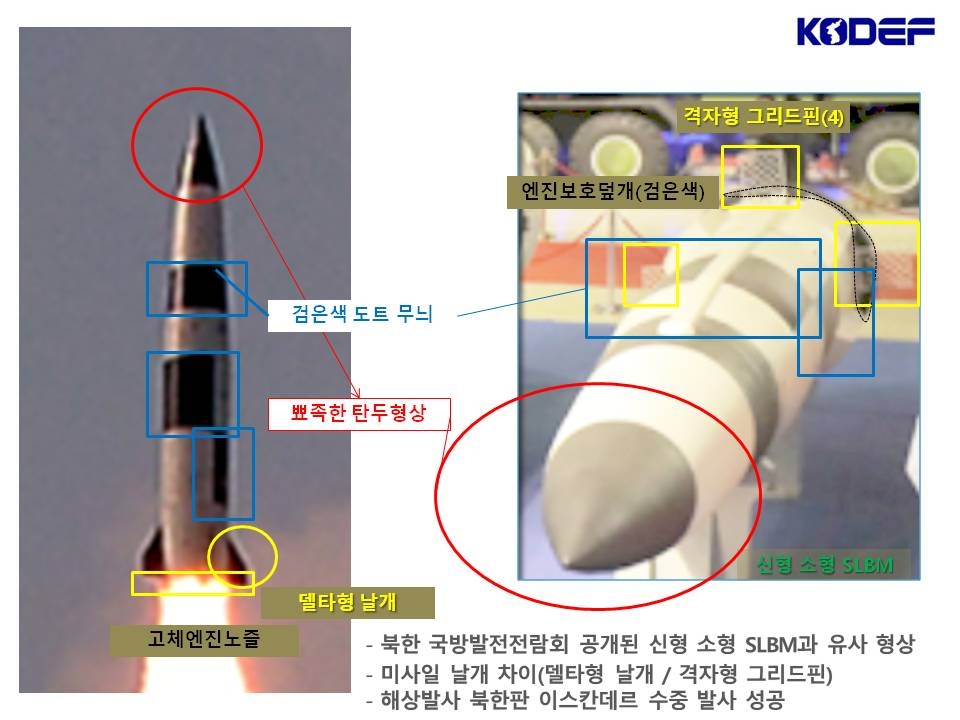 북한이 20일 공개한 신형 잠수함발사탄도미사일(SLBM) 시험발사 사진(왼쪽)과 북한이 2021년 10월 11일 개최한 국방발전전람회에 전시한 신형 SLBM 사진(오른쪽)으로 형상이 유사하다. [신종우 한국국방안보포럼 사무국장 제공, 재판매 및 DB 금지]