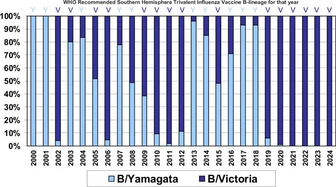 호주 멜버른 WHO 독감 센터에 제출된 호주의 2000~2024년 B형 독감 계통 비율