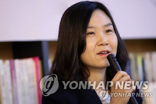 This file photo provided by publisher Dasan Books, shows "Kim Ji-young, Born 1982" author Cho Nam-joo speaking at an event. (PHOTO NOT FOR SALE) (YONHAP)
