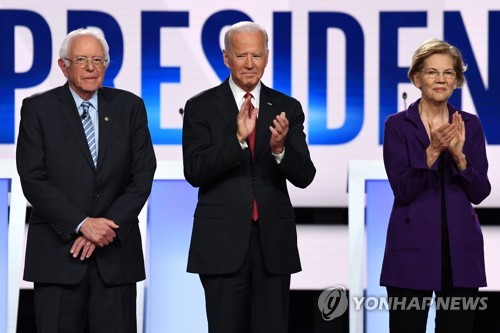 미국 민주당 대선후보 '빅3'…왼쪽부터 샌더스, 바이든, 워런