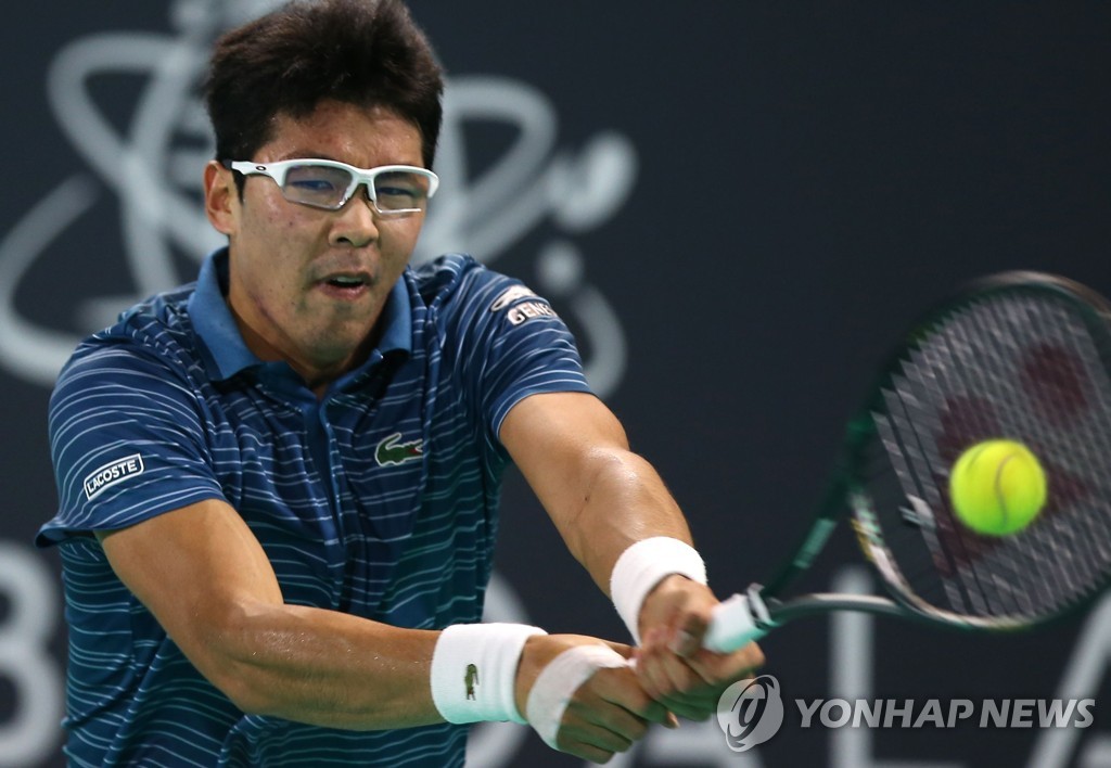 In this AFP file photo from Dec. 19, 2019, Chung Hyeon of South Korea hits a return against Karen Khachanov of Russia during their match at the Mubadala World Tennis Championship at Zayed Sports City in Abu Dhabi. (Yonhap)