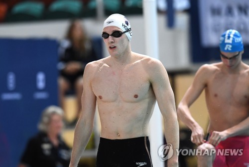 In this file EPA file photo from June 9, 2019, Australian swimmer Mack Horton prepares for the men's 400m freestyle event at the World Swimming Trials in Brisbane, Australia. (Yonhap)