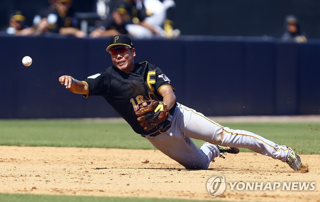 강정호의 슬라이딩 캐치 후 송구