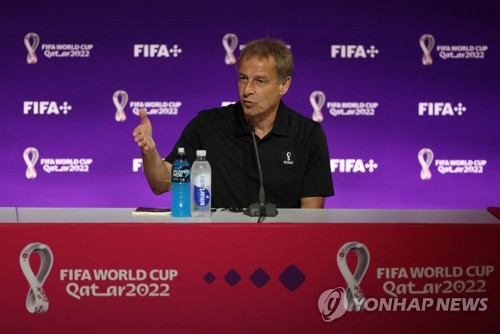 In this Reuters photo, Jurgen Klinsmann, a member of FIFA's Technical Study Group, speaks at a press conference at the Main Media Centre for the FIFA World Cup in Al Rayyan, Qatar, on Nov. 19, 2022. (Yonhap)