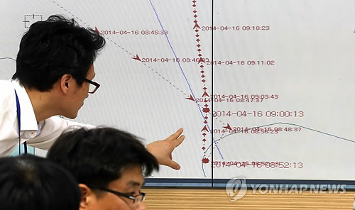 여객선 세월호의 사고 원인으로 급격한 변침(變針·배의 항로를 바꿈)이 지목되는 가운데 17일 해양수산부에 따르면 선박자동식별장치(AIS)의 항적 분석 결과, 사고 직전 세월호의 항로가 갑자기 바뀐것으로 드러났다. 사진은 세월호의 시간대별 항로 모습.
