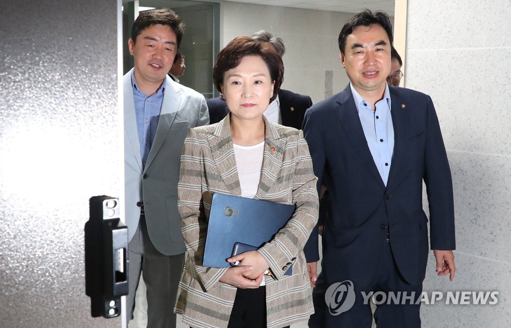 김현미 장관, 민간택지 분양가 상한제 당정협의를 위해