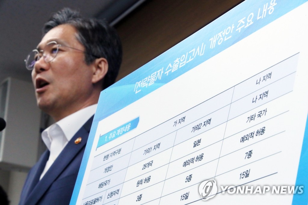韓国産業通商資源部は８月１２日、日本を優遇対象国から外す告示の変更を発表した＝（聯合ニュース）