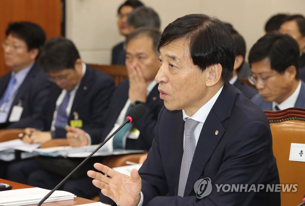 Bank of Korea (BOK) Gov. Lee Ju-yeol speaks at a parliamentary committee meeting in Seoul on Oct. 8, 2019, for the BOK's annual audit. (Yonhap)