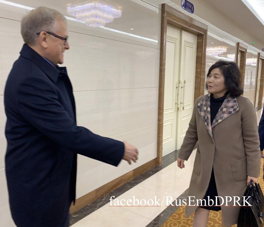 Russia's ambassador to Pyongyang, Alexandre Machegora (L), sees North Korea's First Vice Foreign Minister Choe Son-hui off at Sunan Airport in the North's capital prior to her departure for Moscow on Nov. 18, 2019, in this photo captured from the Facebook account of the Russian mission. The embassy confirmed Choe's trip, but did not elaborate on its purpose. (PHOTO NOT FOR SALE) (Yonhap)