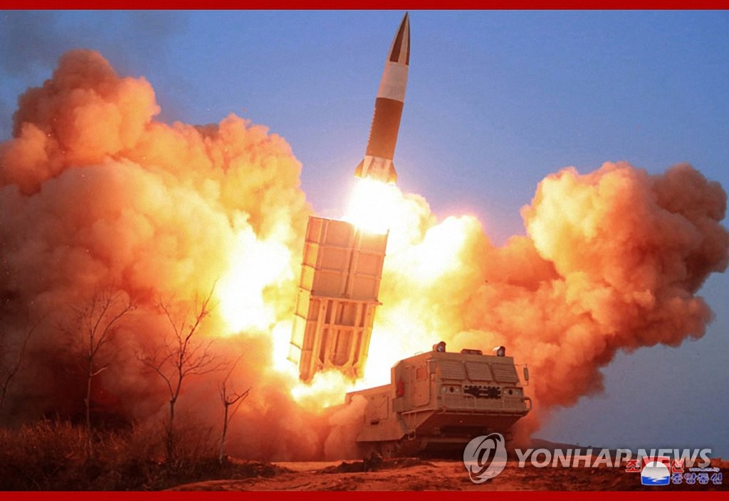 This photo released by the Korean Central News Agency on March 22, 2020 shows a projectile being fired during a test of a newly-developed tactical weapon a day earlier. (For Use Only in the Republic of Korea. No Redistribution) (Yonhap)