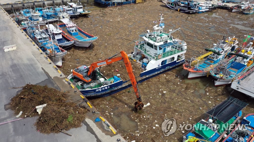 폭우에 떠내려온 쓰레기와 부유물