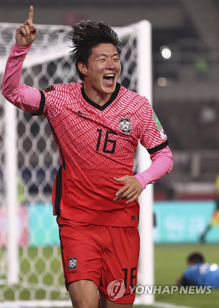 In this file photo from June 5, 2021, Hwang Ui-jo of South Korea celebrates his goal against Turkmenistan during the teams' Group H match in the second round of the Asian qualification for the 2022 FIFA World Cup at Goyang Stadium in Goyang, Gyeonggi Province. (Yonhap)