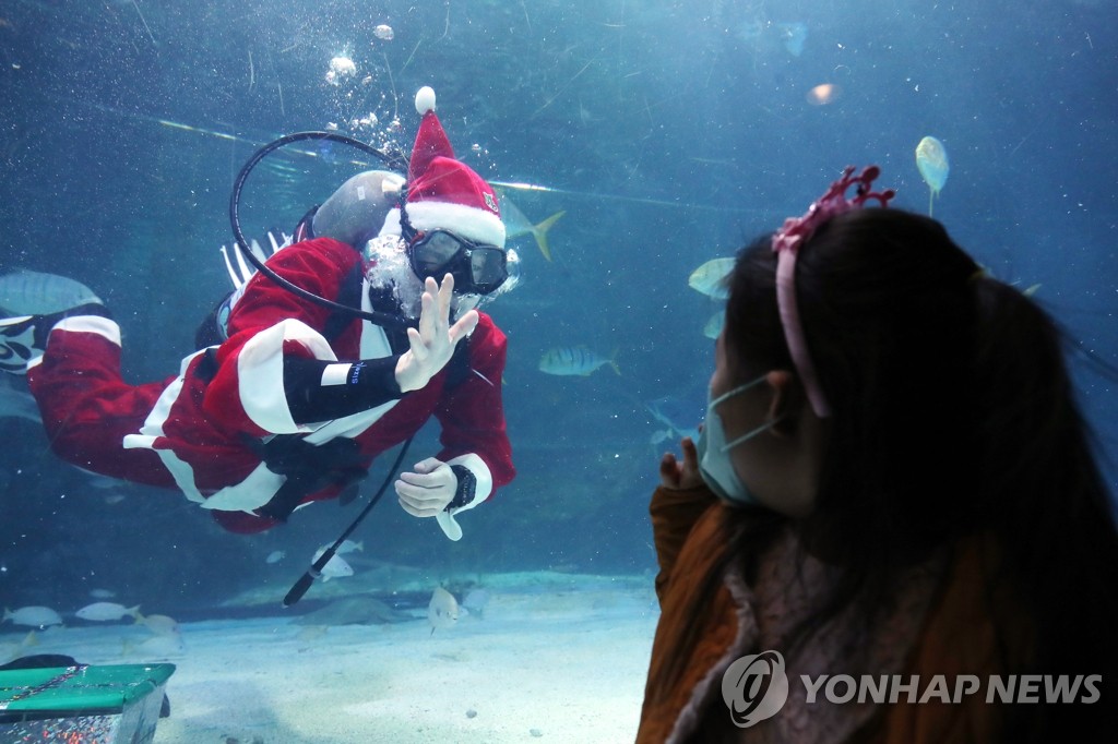 Diver in Santa Claus costume performs Diver in Santa Claus costume performs